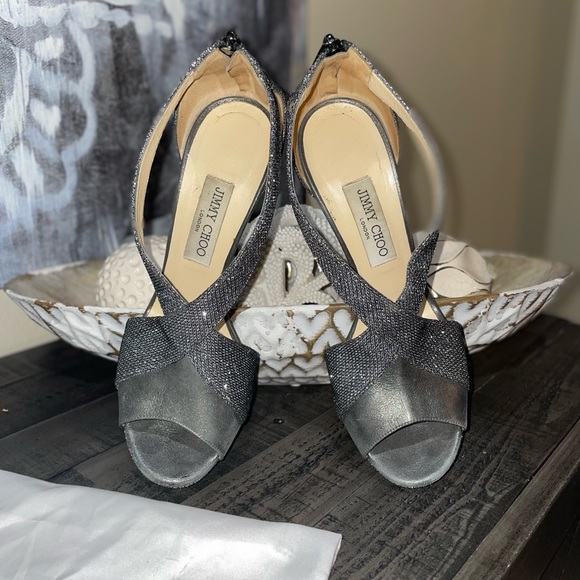 Jimmy Choo Anthracite Glitter & Leather Lame Crisscross Platform Sandals SZ 10 - Picture 9 of 9